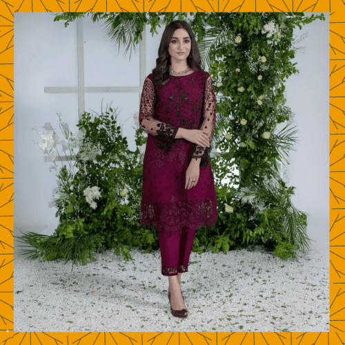 Fashion Vista Luxury Sequins Embroidered 2 PC Unstitched Net Formal Shirt With Trouser - Camellia - premium item from Noroze Emporium